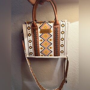 Wrangler southwestern print small canvas tote purse brown & white